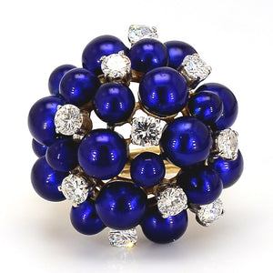 Round Brilliant Diamond Ring with Blue Enamel in 18K Yellow Gold