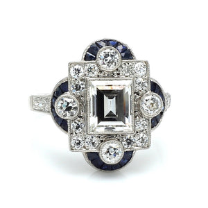 1.30ct Art Deco Step Cut Diamond & Sapphire Ring