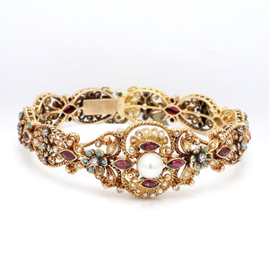 14K Yellow Gold Bracelet with Pearl, Diamond, Garnet, and Turquoise Stones