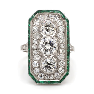 Platinum Ring with Diamonds and Emerald Accents