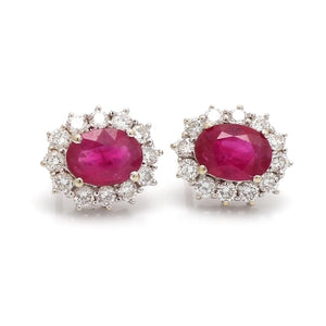 14K White Gold Earrings with Rubies and Round Brilliant Cut Diamonds