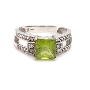 14K White Gold Peridot and Diamond Ring