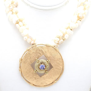 14K Yellow Gold 3-Strand Pearl Necklace with Round Tanzanite Pendant/Brooch by A