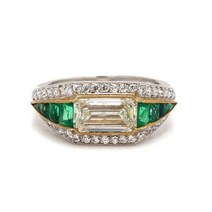 2.01ct Emerald-Cut Diamond Ring with Old Mine Cut Diamonds & Emerald Side Stones