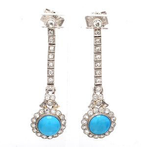 Platinum Earrings with Turquoise and Old European Cut Diamonds