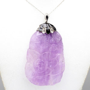 Carved Lavender Jade Gold Necklace with Diamonds and Enamel Inlay