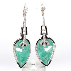 Platinum Earrings with Carved Emeralds, Round Brilliant Cut Diamonds, and Onyx A