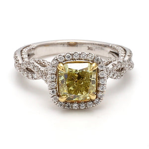 18K Yellow and White Gold Fancy Greenish Yellow Diamond Ring Size 6