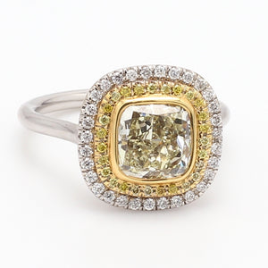 2.08ct Yellow Diamond Radiant Cushion Double Halo Ring