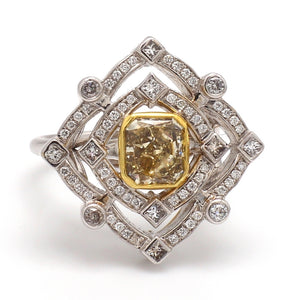 2.07ct Fancy Yellow Radiant Diamond Ring with Gothic Double Halo