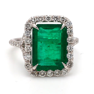 Platinum Ring with Emerald Cut Emerald and Diamond Accents