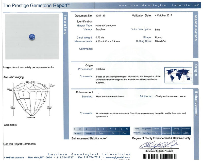 0.72ct Round Brilliant No Heat Kashmir Sapphire Ring AGL